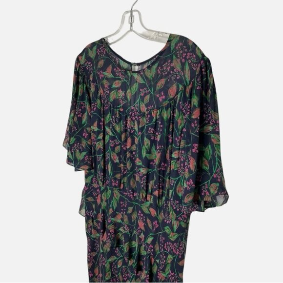 Saloni Vida Dress Silk Short-Sleeve Midi Ruffled Blue Floral Print Size 14 - Picture 4 of 6
